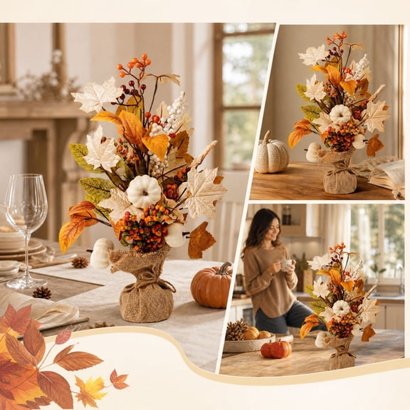 Artificial Fall Maple Leaf Tree, 46cm Thanksgiving Tabletop Centerpiece with Pumpkins Berries Base, Autumn Decorative Tree for Home Mantel Decor