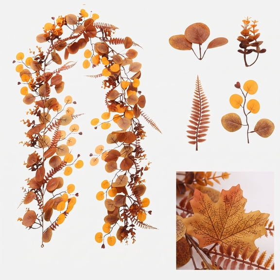 Artificial Fall Maple Leaf Vine Garland, Rustic Warm Faux Autumn Decor for Mantel, Table, Stair Rail, Door Header & Entryway, No Maintenance, Reusable, Space-Saving