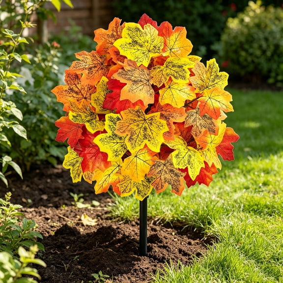 Artificial Fall Maple Leaf Yard Stake with Round Dense Foliage Garden Decor, Fade-Resistant Fabric, Sturdy Ground Spike Easy Installation for Patio Planters, Walkways and Flower Beds