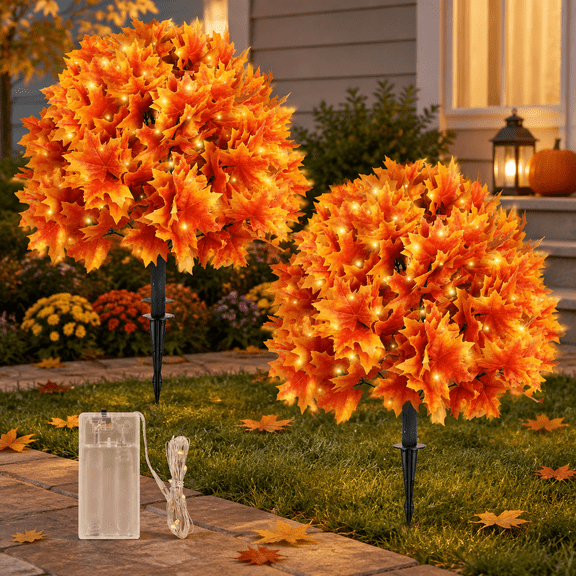 Artificial Fall Maple Topiary Tree with Lights 27.5in Set of 2