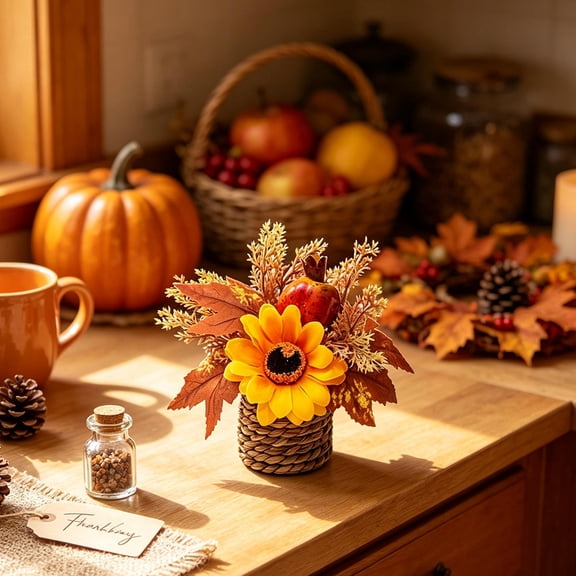 Artificial Fall Mini Potted Flower Arrangement, Small Autumn Sunflower Centerpiece with Maple Leaf Pomegranate, Thanksgiving Harvest Tabletop Decor for Home Kitchen