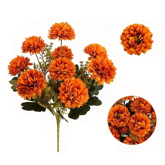 Artificial Fall Mums Flowers, 18-Head Orange Chrysanthemum Bushes, 15.35 Inch Silk Faux Flowers for Outdoor Planters, Front Porch, Patio and Thanksgiving Decor 2 Pack