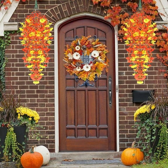 Artificial Fall Mums Flowers for Outdoors Decoration, UV Resistant Fake Hanging Plants, Faux Silk Morning Glory for Autumn Decor Home Outside Gardens Porch Yard Wall, Orange and Yellow