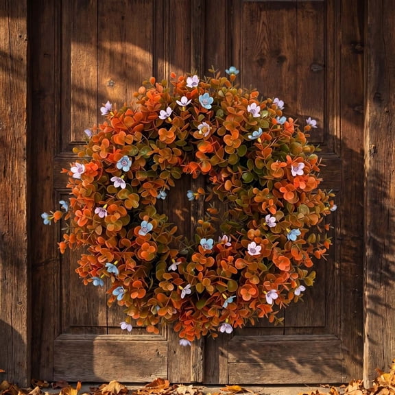 Artificial Fall Orange Foliage Wreath with Wildflowers Waterproof Front Door Wall Thanksgiving Decor 40cm