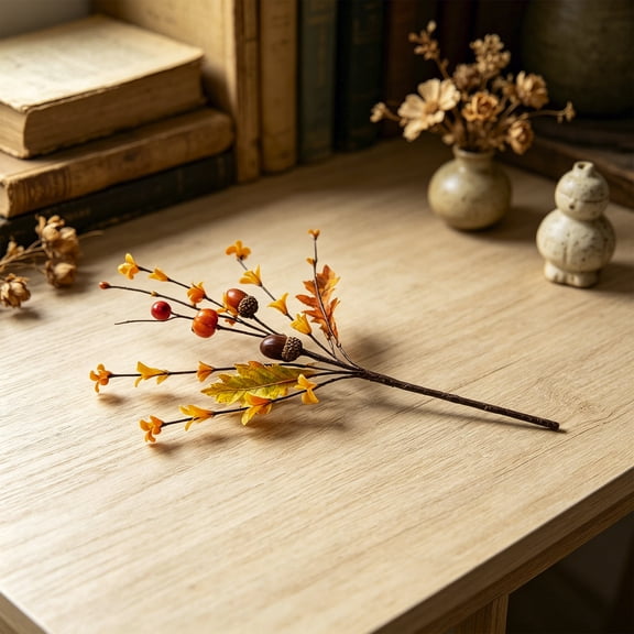 Artificial Fall Pick, Autumn Floral Stem with Acorn, Oak Leaves, Yellow Berry Flower, Fake Fall Sprig for Vase Home Table Mantel Thanksgiving Harvest Season Decor
