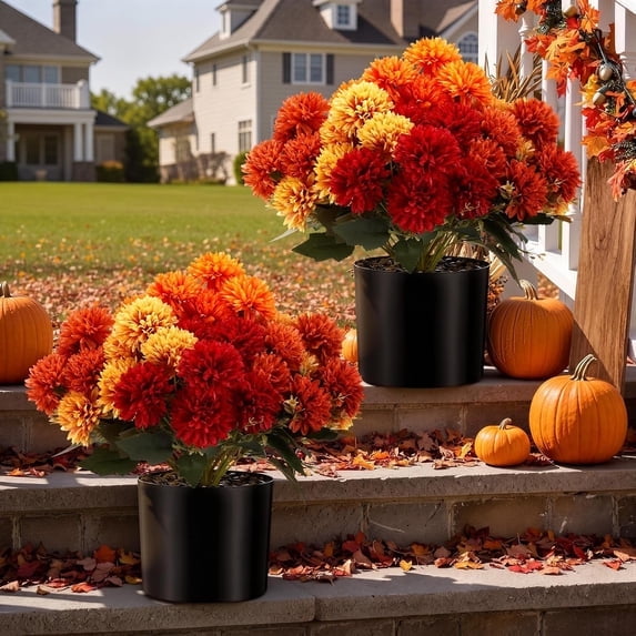 Artificial Fall Pom Pom Mums, Outdoor Faux Mums Potted Plant Fall Colors Chrysanthemums Bouquet with Eucalyptus Leaves for Thanksgiving Farmhouse Door Front Porch Artificial Plants2 pack