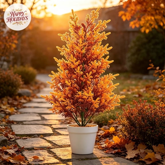 Artificial Fall Potted Cedar Tree, Indoor Outdoor Christmas Xmas Decorations, Autumn Orange Faux Plant Decor for New Year Entryway Table Porch Home Decor