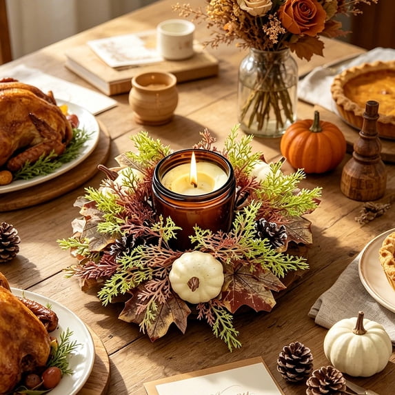 Artificial Fall Pumpkin Candle Ring for Harvest Home Decor, Rustic Faux Maple Leaf Candle Holder Wreath, Thanksgiving Table Centerpiece Decor, Seasonal Autumn Accent Ring