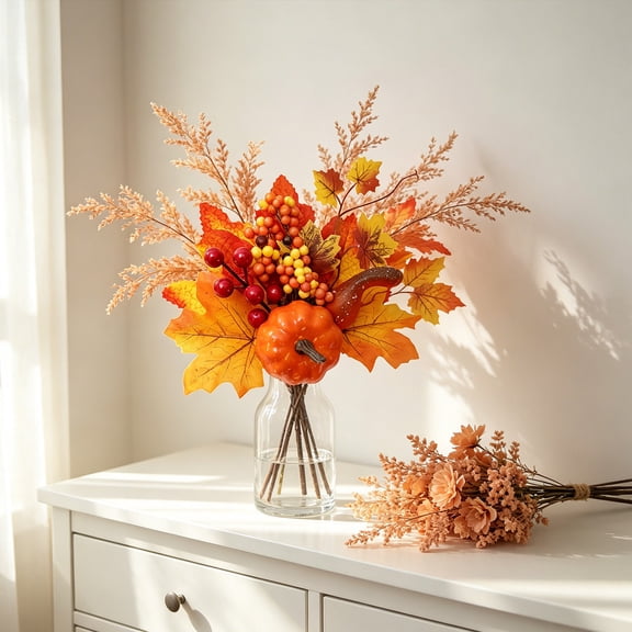 Artificial Fall Pumpkin Picks with Maple Leaves, Thanksgiving Floral Stems for Vase Decor, Autumn Harvest Branches for Home Table Centerpiece