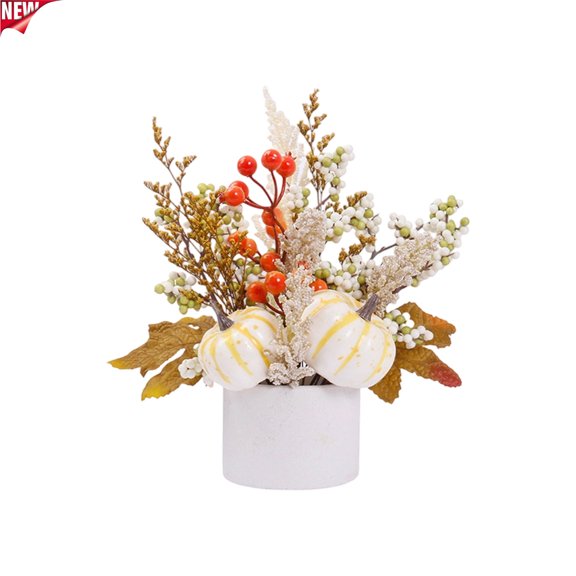Artificial Fall Pumpkin Potted Arrangement, Maple Leaf Berry Wheat Table Centerpiece, No Assembly Harvest Decor for Shelf Mantel Office Indoor Outdoor Halloween Thanksgiving Decorations Holiday Gift