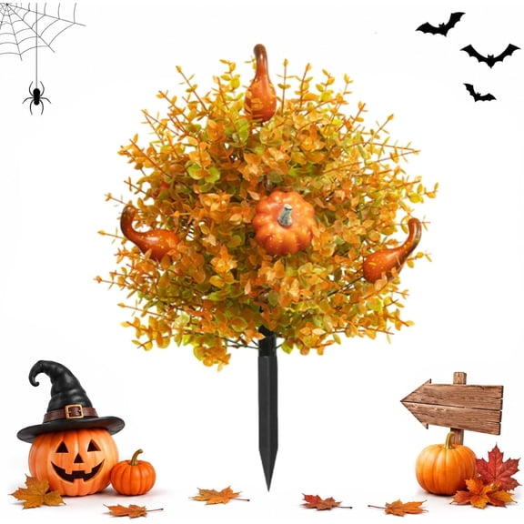 Artificial Fall Pumpkin Topiary Tree, 22 Inch Outdoor Fall Decorations for Home Porch Garden Pathway, Halloween Decor Faux Autumn Plant Stakes Indoor Outdoor Use (B *1)