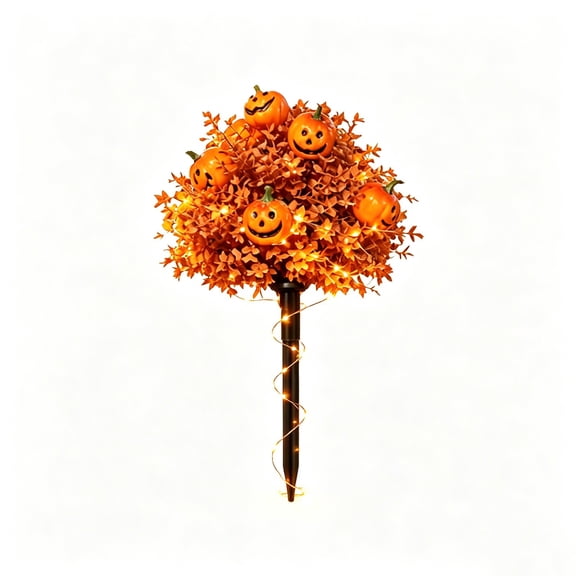 Artificial Fall Pumpkin Topiary Tree with Ground Stakes and String Lights Faux Plants Ball Tree Halloween Outdoor Decoration for Garden Courtyard