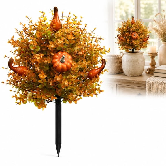 Artificial Fall Pumpkin Tree Stakes, 22in Halloween Topiary Decor