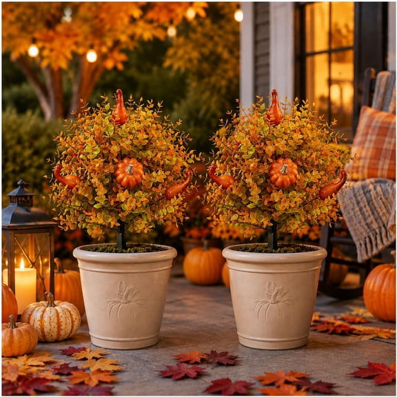 Artificial Fall Pumpkin Tree Stakes, Autumn Garden Stakes, Pumpkin Topiary Decorations, Outdoor Fall Yard Decor for Front Porch Lawn Pathway (2 PCS)