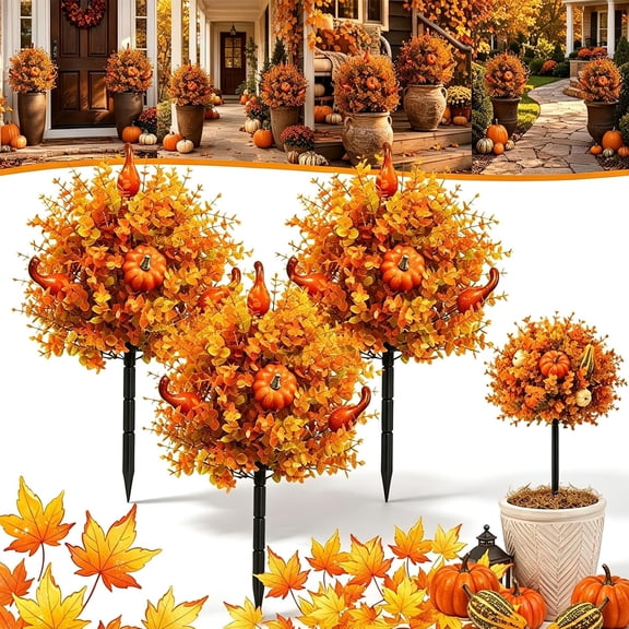 Artificial Fall Pumpkin Tree Stakes, UV Resistant Fall Pumpkin Topiary Trees, Lifelike Pumpkin Fake Bushes with Stakes for Thanksgiving, Halloween Falls Display, Waterproof & Fade-Resistant,3pcs