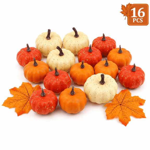 Artificial Fall Pumpkins Decor Set with Fake Maple Leaves, Foam Mini Pumpkins Fake Fall Leaves for Thanksgiving Halloween Table Centerpieces Decor, 16 Pcs