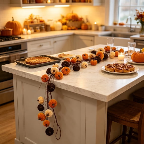 Artificial Fall Rattan Garland With Pumpkin 59 Inch, Polyester Plastic Foam Vines For Mantle Fireplace Thanksgiving Table Party, Autumn Harvest Holiday Home Decorations