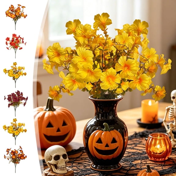 Artificial Fall Silk Flowers Bouquet, Realistic Faux Floral Stems for Vase Fillers, Premium Seasonal Decor for Halloween Thanksgiving Home Table Mantel Shelf Decoration, A