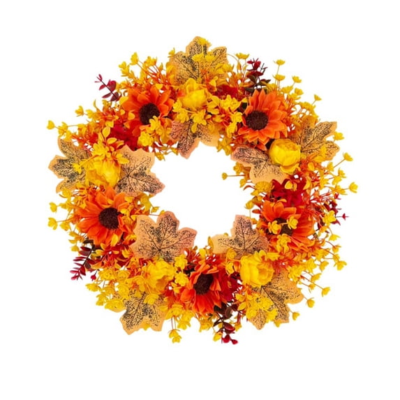 Artificial Fall Sunflower Wreath with Maple Leaves Plastic Autumn Wreath for Front Door Wall Home Thanksgiving Decor 17.71*17.71 in Harvest Floral Arrangement for Farmhouse Mantel Window Orange