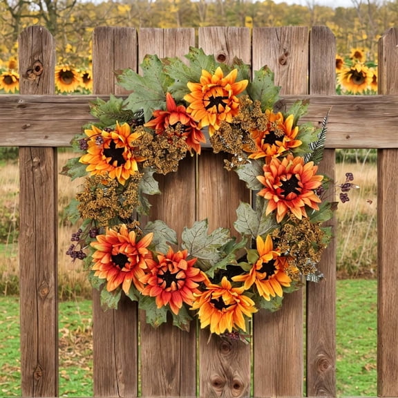 Artificial Fall Sunflower Wreath Orange Yellow Autumn Harvest Door Hanging Decor with Berries Leaves 17 Inch