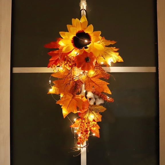 XEAZON Artificial Thanksgiving Wreath, 19.68in Fall Harvest Teardrop Wreath, Autumn Hanging Flower, Fake Berries Garland for Christmas Autumn Fireplace Thanksgiving Decor (with Light)