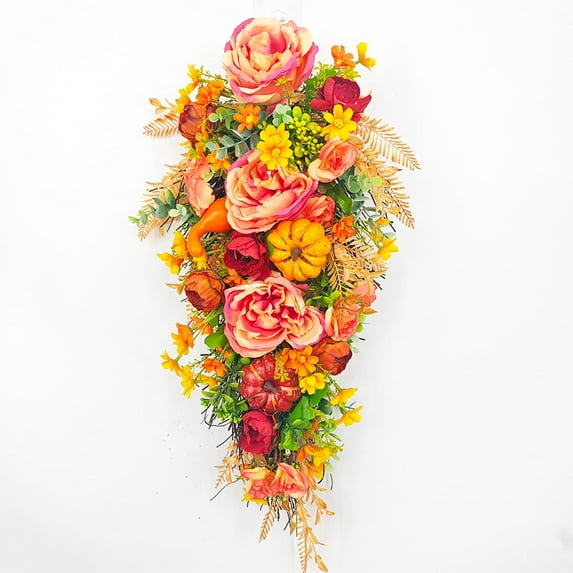 Artificial Fall Teardrop Swag Autumn Peony Pumpkins Leaves Berries Door Swag Wreath Hanging Flower Autumn for Thanksgiving Halloween Front Door Wall Decor