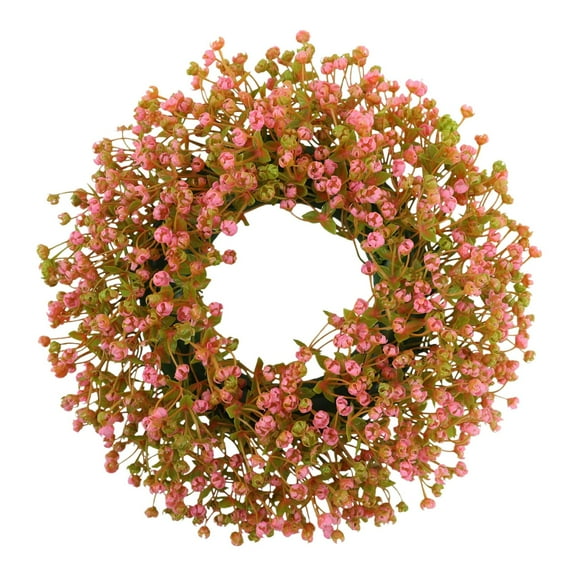 Artificial Fall Wreath 13.8" Autumn Forsythia Wreath with Maple Leaves Berries Eucalyptus, Front Door Harvest Thanksgiving Decoration for Home Party Holiday, Pink
