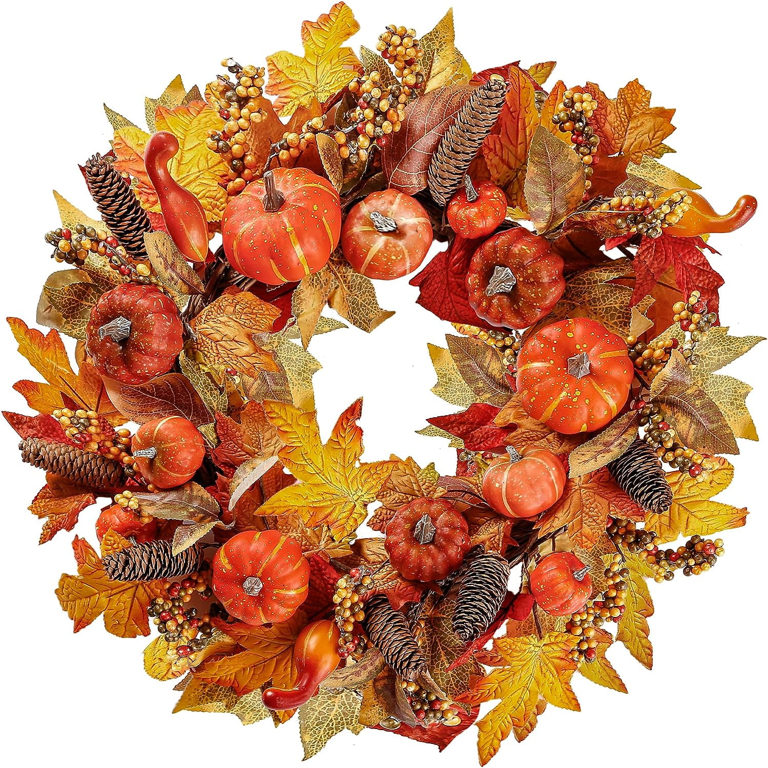 Artificial Fall Wreath 18’’ Autumn Front Door Wreath Harvest Wreath with Various Pumpkin Cluster