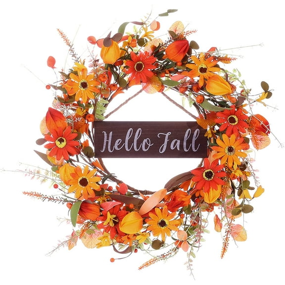 Artificial Fall Wreath,20” Autumn Front Door Wreath with Maple Leaves and Pumpkins,Fall Sunflower Wreath for Home Farmhouse Wall Window and Thanksgiving Day Decor-Wooden Sign Included
