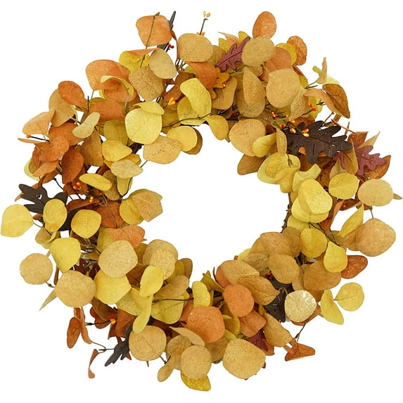 Artificial Fall Wreath for Front Door Autumn Eucalyptus Wreath with Orange Eucalyptus Leaves,Woodern Oak Leaves for Farmhouse Indoor Outdoor Window Wall Door Home Decor,Gift Box Included