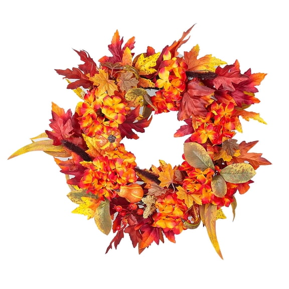 Artificial Fall Wreath for Front Door, Autumn Wreath with Pumpkins Maple Leaves and Berries, Mixed Leaves Wreath for Farmhouse Indoor Outdoor Window Wall Door Decor