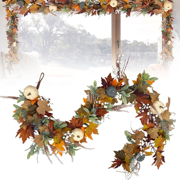 Artificial Fall Wreath Front Door Garland Maple Pumpkin Vine Thanksgiving Window Outdoor Decor