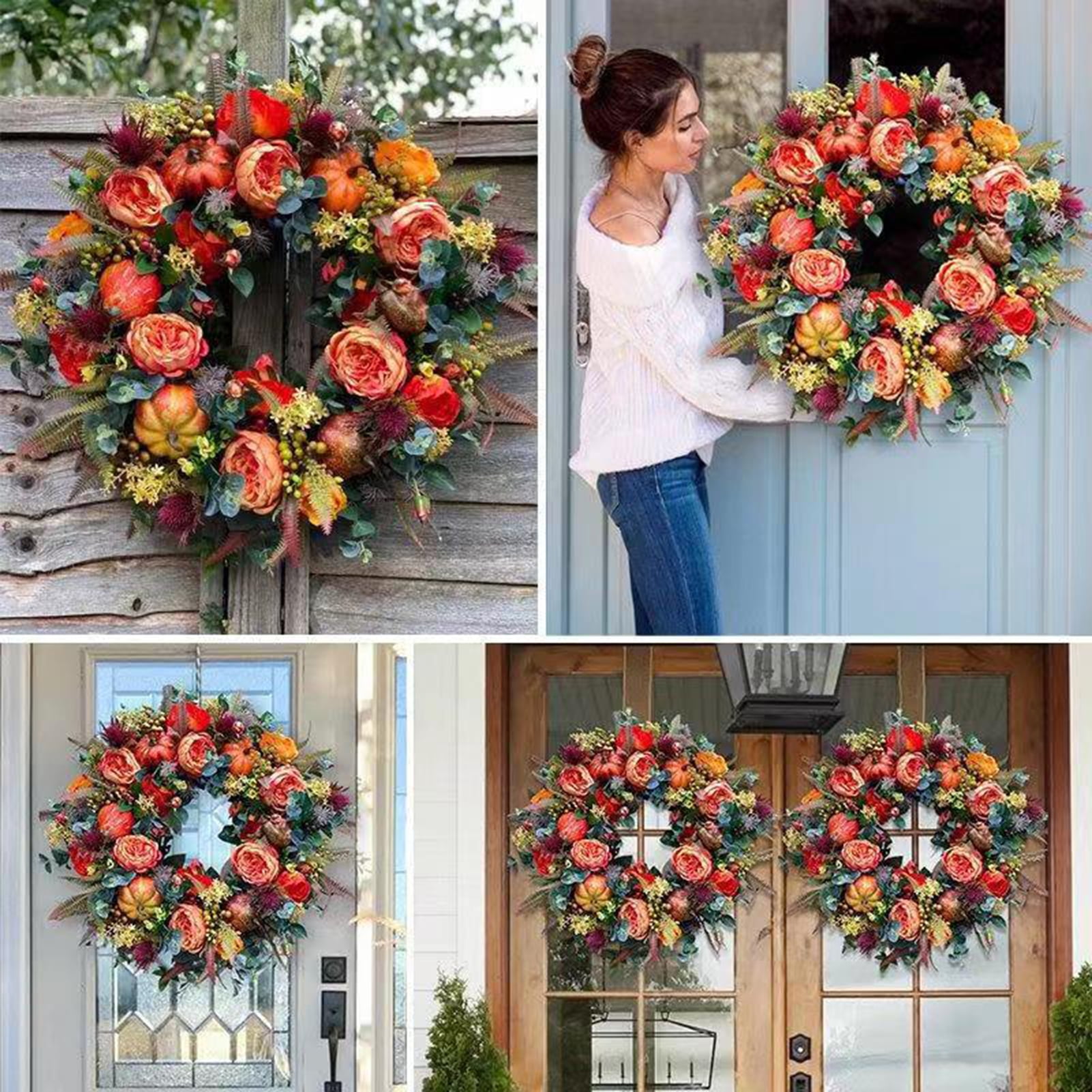 Artificial Fall Wreath Peony Pumpkin Maple Leaves Wreath Fall Harvest Wreaths for Thanksgiving Christmas Halloween Front Door Wall Decor
