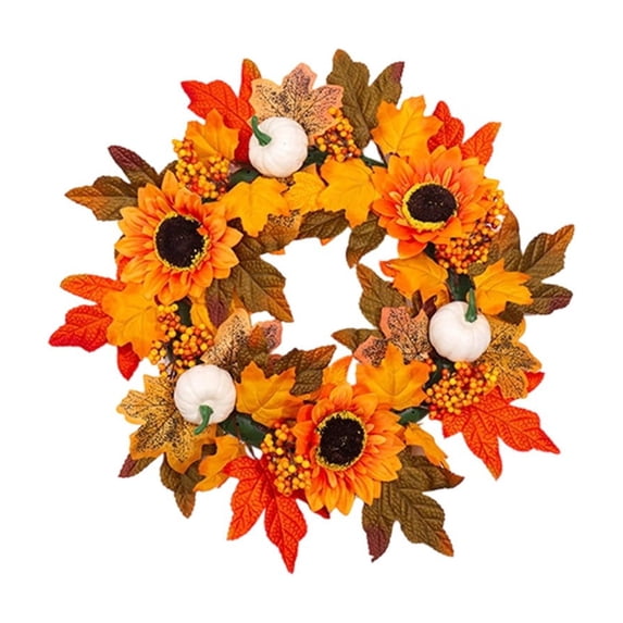 Artificial Fall Wreath with Sunflowers Maple Leaves and Pumpkins for Thanksgiving Door Wall Decor, Maintenance-Free Seasonal Arrangement for Home Entryway Fireplace or Party Scene