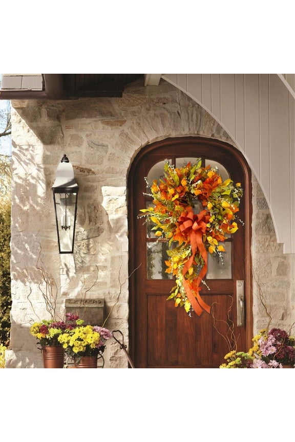 Artificial Fall Wreath,Thanksgiving Autumn Harvest Wreath for Front Door,Artificial Pumpkins Maples Leaves Wreath for Front Door Wall Farmhouse Indoor Outdoor Halloween Thanksgiving Decoration