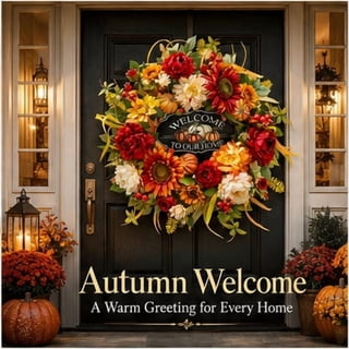Artificial Fall Wreath for Front Door, 24 inch Autumn Pumpkin Rose Wreath with Welcome Sign, Sunflowers and Berries, Farmhouse Porch Decor