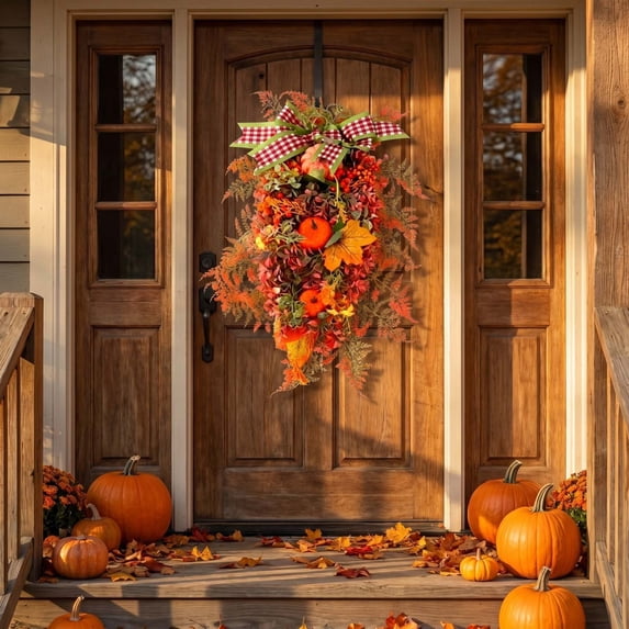 Artificial Fall Wreaths for Front Door,Autumn Wreath with Pumpkin and Maple Leaves Thanksgiving Artificial Flowers Wreath,Fall Decorations for Home Front Porch Yard Window Farmhouse Decor
