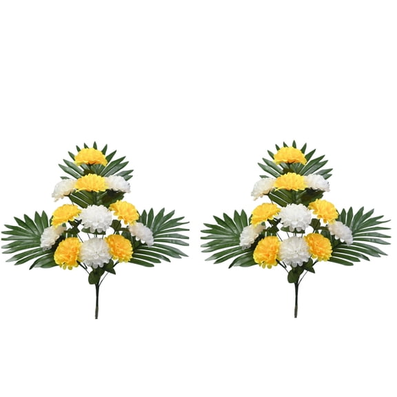 Artificial Fan Chrysanthemum Flowers, 2 Bundles Lifelike 12 Heads Silk Flowers for Cemetery Decor, Memorial Grave Arrangements, No Maintenance Tomb Decorations