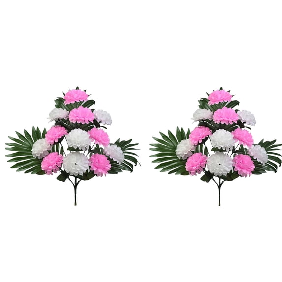 Artificial Fan Chrysanthemum Flowers, 2 Bundles Lifelike 12 Heads Silk Flowers for Cemetery Decor, Memorial Grave Arrangements, No Maintenance Tomb Decorations