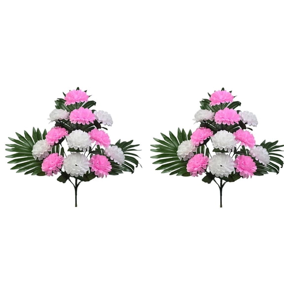 Artificial Fan Chrysanthemum Flowers, 2 Bundles Lifelike 12 Heads Silk Flowers for Cemetery Decor, Memorial Grave Arrangements, No Maintenance Tomb Decorations