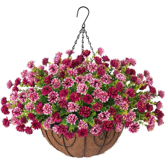 Artificial Faux Hanging Flowers Basket for Outdoors Outside Decoration, Silk Fake Hanging Flowers Colorful Daisy with Coconut Lining Baskets for Courtyard Spring Summer Decor(Red and White)