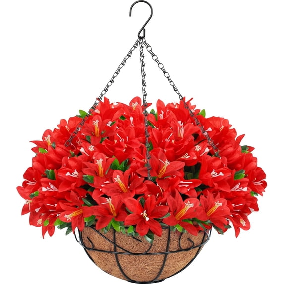 Artificial Faux Hanging Flowers Basket for Outdoors Outside Decoration, Silk Fake Hanging Flowers Colorful Daisy with Coconut Lining Baskets for Courtyard Spring Summer Decor(Red and White)