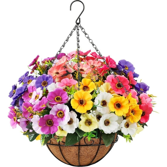 Artificial Faux Hanging Flowers Basket for Outdoors Outside Decoration, Silk Fake Hanging Flowers Colorful Daisy with Coconut Lining Baskets for Courtyard Spring Summer Decor(Red and White)
