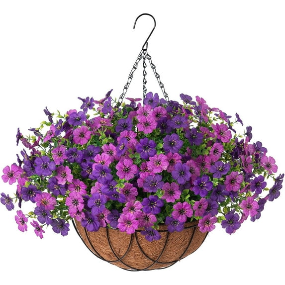 Artificial Faux Hanging Flowers Basket for Outdoors Outside Porch Decoration, Silk Fake Hanging Flowers Colorful Daisy with Coconut Lining Baskets for Courtyard Spring Summer Decor