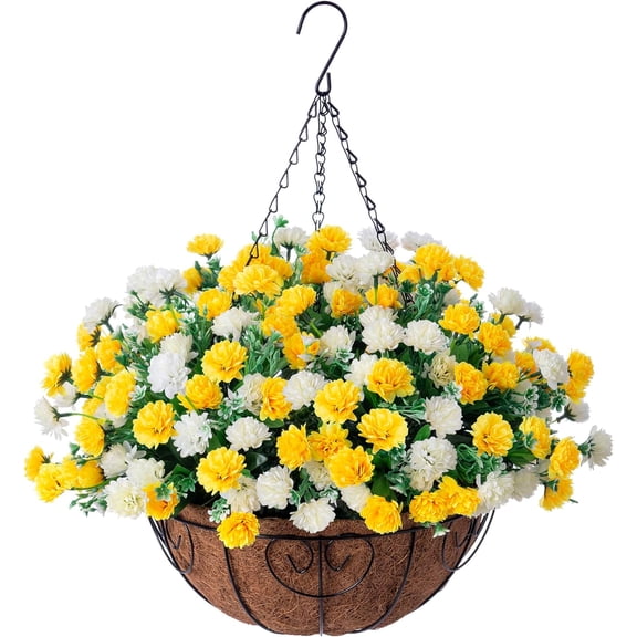 Artificial Faux Hanging Flowers Basket for Outdoors Outside Porch Decoration, Silk Fake Hanging Flowers Colorful Daisy with Coconut Lining Baskets for Courtyard Spring Summer Decor