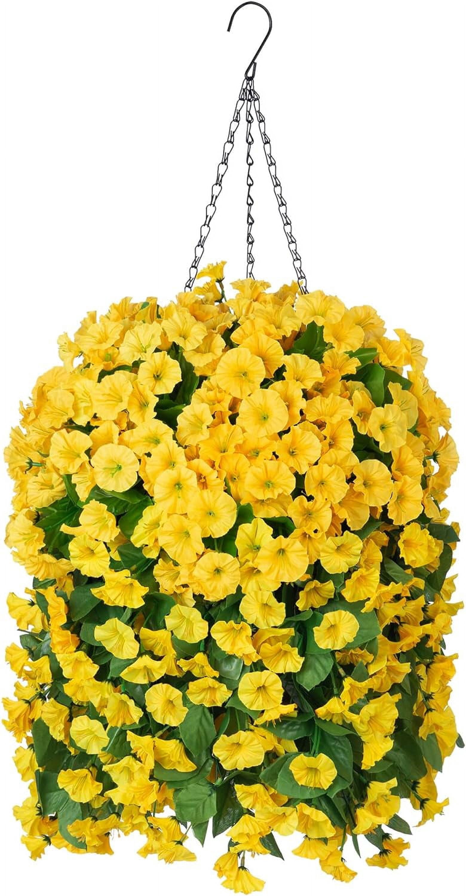 Artificial Faux Hanging Flowers Basket for Spring Outdoor Porch Decoration, Fake Silk Colorful Morning Glory Eucalyptus in Planter UV Resistant Look Real for Home Balcony Yard(Red Purple)