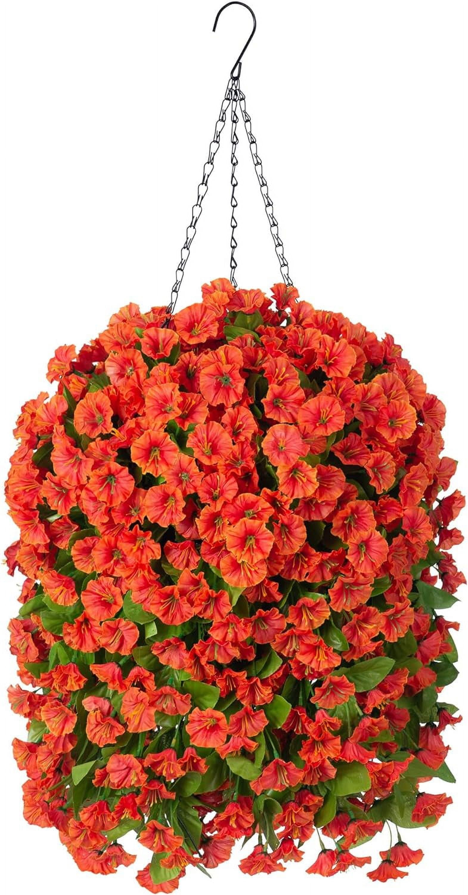 Artificial Faux Hanging Flowers Basket for Spring Outdoor Porch Decoration, Fake Silk Colorful Morning Glory Eucalyptus in Planter UV Resistant Look Real for Home Balcony Yard(Red Purple)