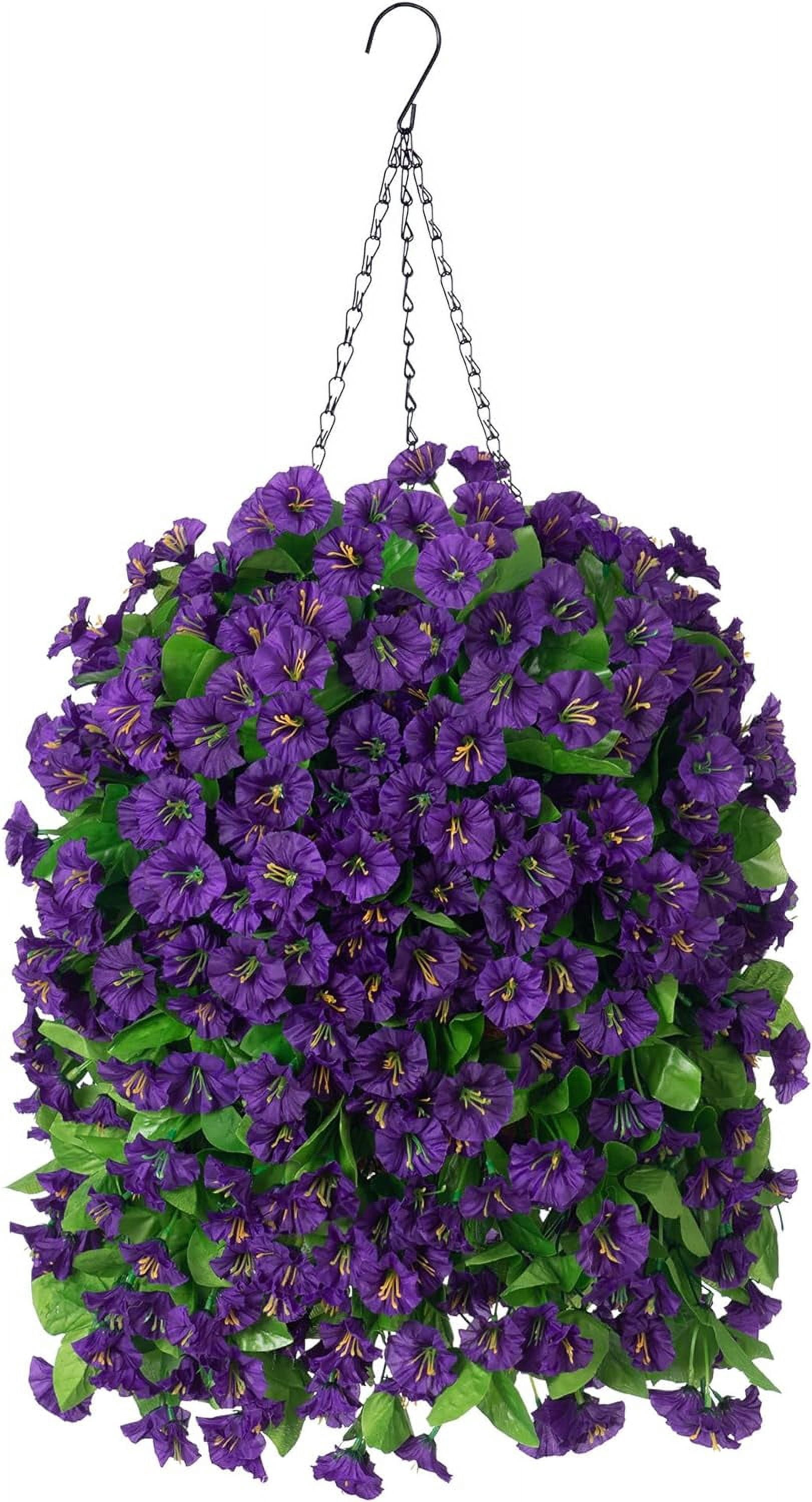 Artificial Faux Hanging Flowers Basket for Spring Outdoor Porch Decoration, Fake Silk Colorful Morning Glory Eucalyptus in Planter UV Resistant Look Real for Home Balcony Yard(Red Purple)