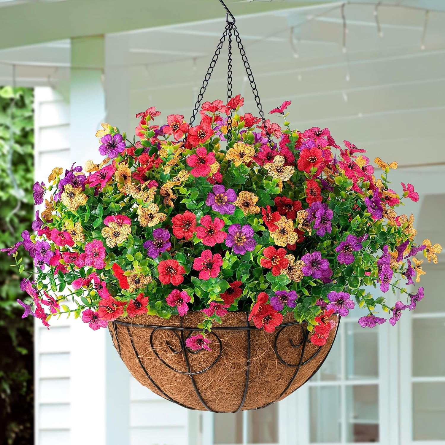 Artificial Faux Hanging Flowers Plants with Basket for Outdoor Spring Decoration, Fake Silk Daisy Outside Indoor UV Resistant Look Real Yard Patio Front Porch Garden Balcony Home Decor(MIx1)