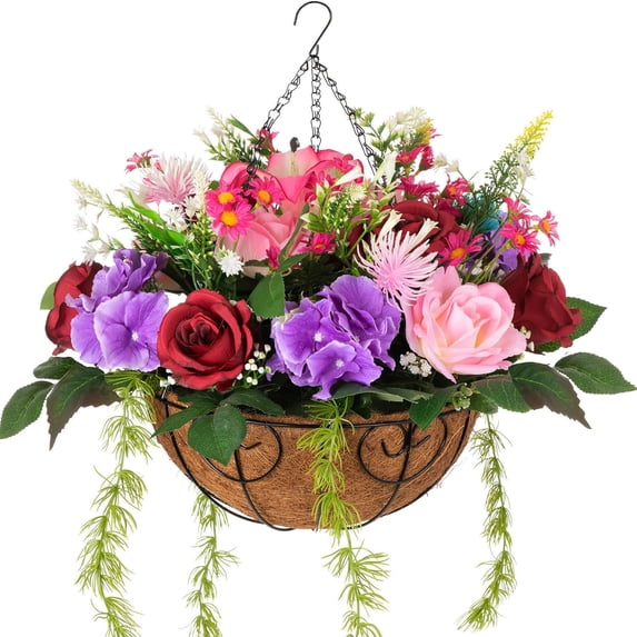 Artificial Faux Hanging Flowers Plants in Basket for Outdoor Spring Decoration, Fully Assembled Fake Mix Colorful Silk Rose Peony Arrangement Planter for Home Outside Porch Patio Balcony